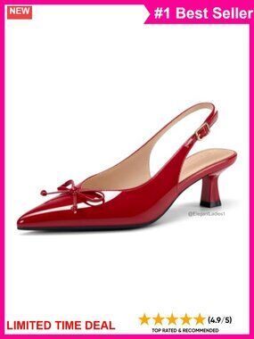 Womens Slingback Kitten Heel Pumps Faux Leather Pointed Toe Bow Office Shoes
